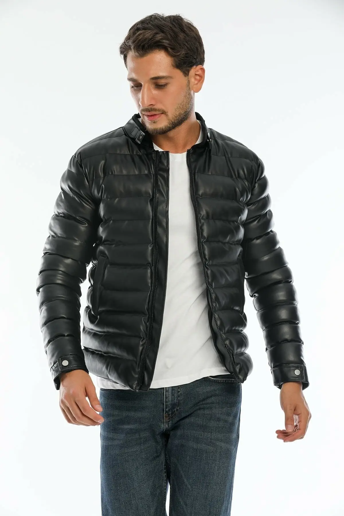 New Season Comfort Model Black Leather Inflatable Jacket Water, Wind And Cold Proof Men