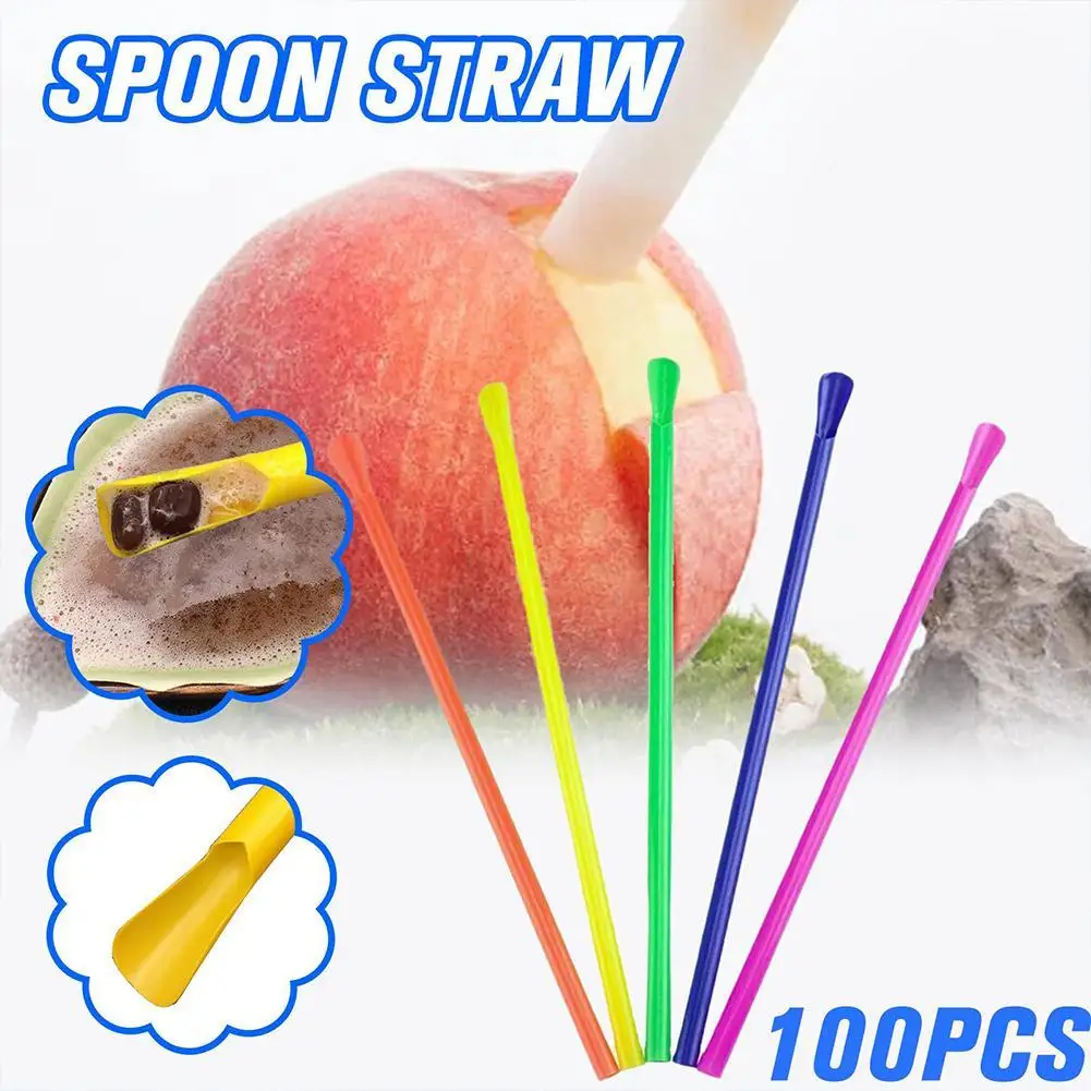 

100pcs Plastic Spoon Straws Milkshake Smoothie Pearl Milk Tea Drinking Spoon Straw Birthday Celebration Party Bar Supplies
