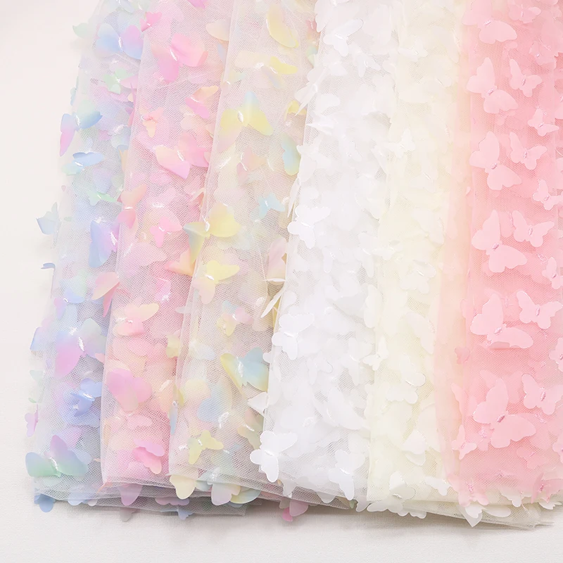 1yards 130cm Wide Rainbow Butterfly 3D Decal Tulle Lace Gradient Flower Children's Clothing Party Decoration DIY White Fabric