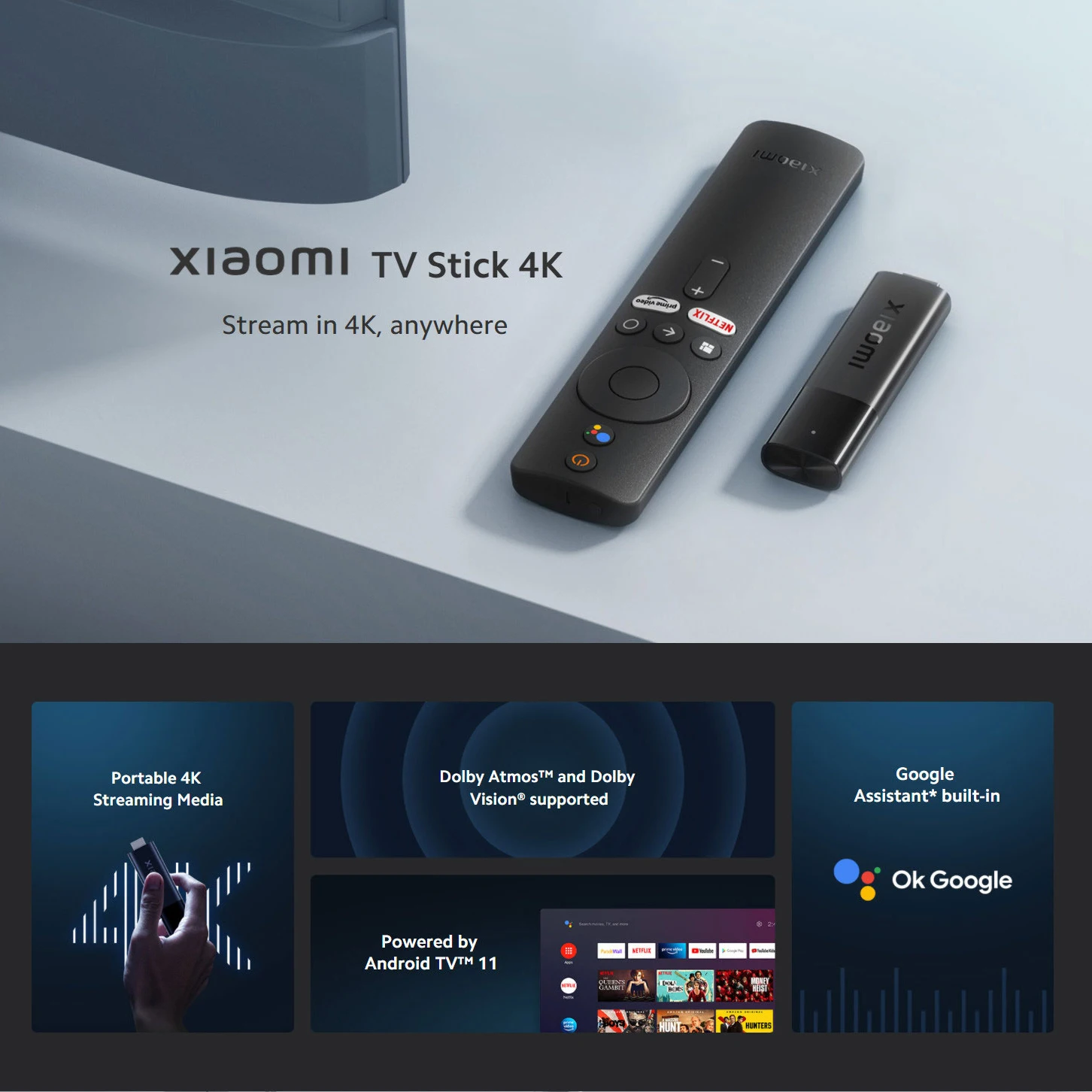 Телефон Xiaomi TV Stick 4K Android TV™Портативный ТВ-адаптер 11 Bluetooth 5 0 Wi-Fi 2 4 ГГц/5 ГГц |