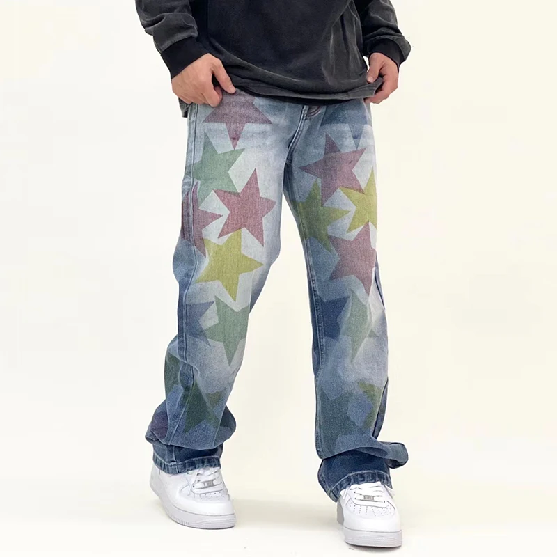 

High Street Color Stars Full Print Washed Jeans Pants Men's Straight Pocket Retro Patchwork Baggy Casual Denim Trousers Oversize