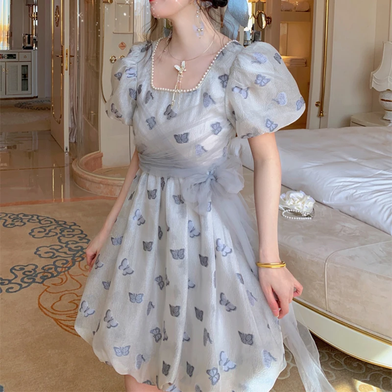 

2022 летнее милое мини-платье в стиле ретро с жемчужным воротником Kawai с пышными рукавами Сетчатое платье с поясом и принтом бабочки женские ш...