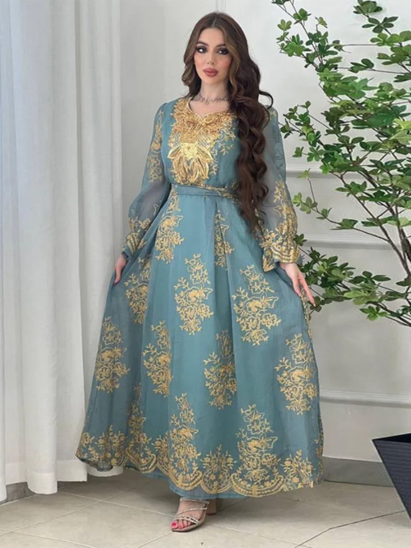 Mesh Sequin Gold Thread Embroidery Gurban Arab Dubai Robe Modest Muslim Moroccan Kaftan Party Evening Dresses Eid Al Adha New