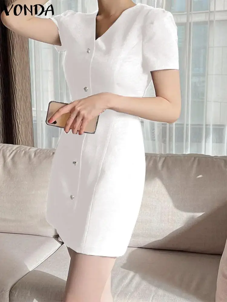 

2023 VONDA элегантное короткое летнее женское платье с V-образным вырезом и коротким рукавом, повседневное свободное офисное мини-платье, сарафан