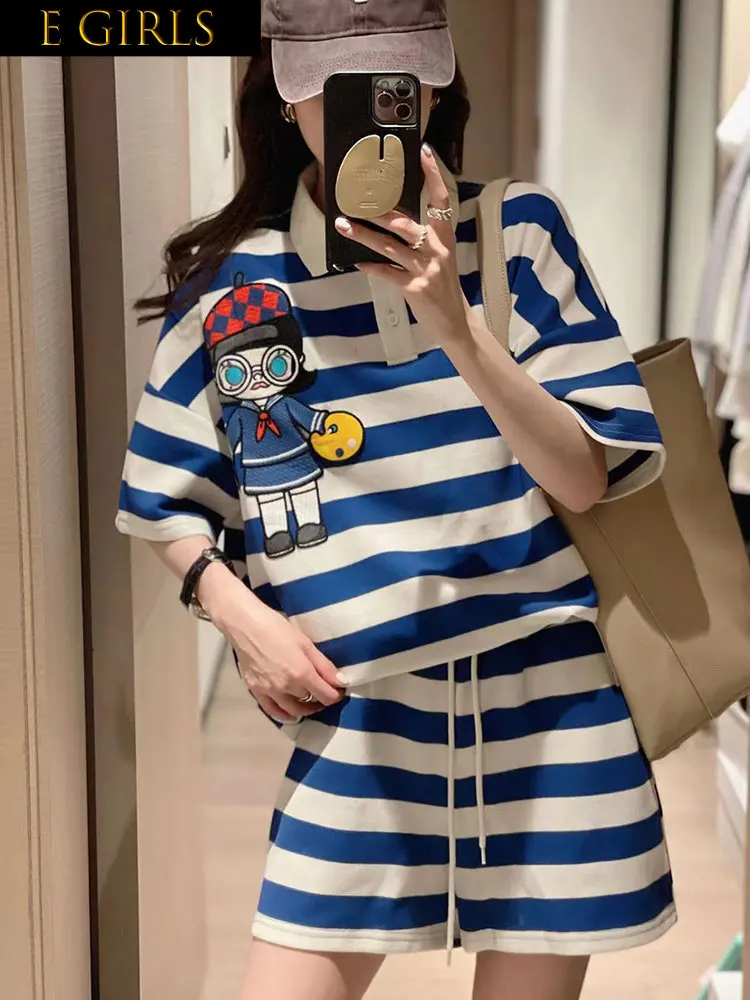 

E GIRLS Striped Two Piece Shorts Sets For Women 2023 Summer New Pink Cartoon Loose Tops Street Casual Tracksuit T-shirts Suit M-