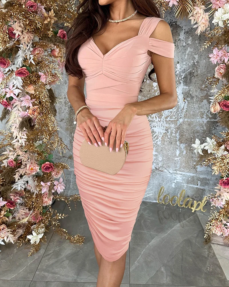 

Elegant Dresses for Women Casual Cold Shoulder Ruched Bodycon Dress Ladies Robe Sexy Mini Party Vestidos Female Streetwear