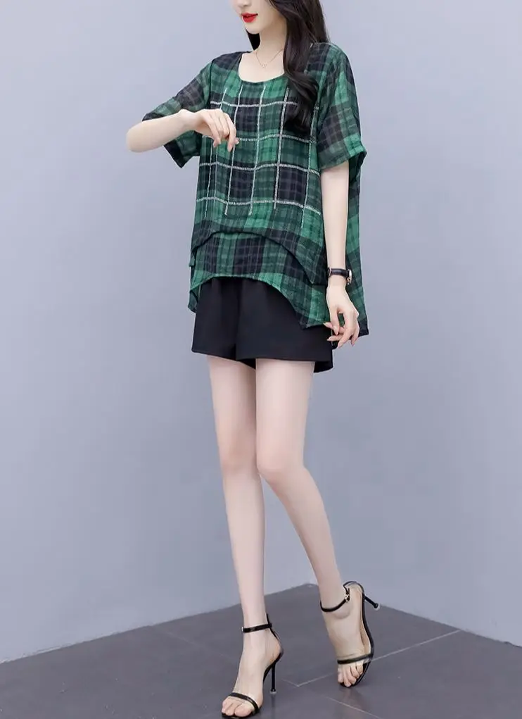 Женский модный костюм большого размера клетчатый Топ и короткие брюки комплект