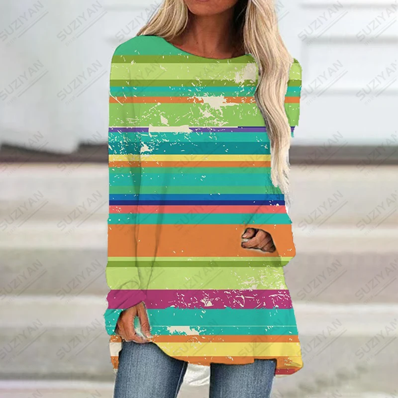 

Colorful Striped 3D Harakuju Printed Dress Spring Autumn Hot Selling Dress Women's Long Sleeved Loose Casual Round Neck Dress