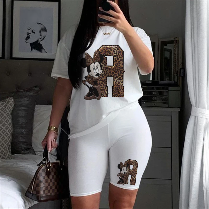 

2 Piece Set Women Leopard Print Disney Minnie Letter Print Casual Tshirt Fitness Tracksuits Shorts And Top Blouse Outfits Female