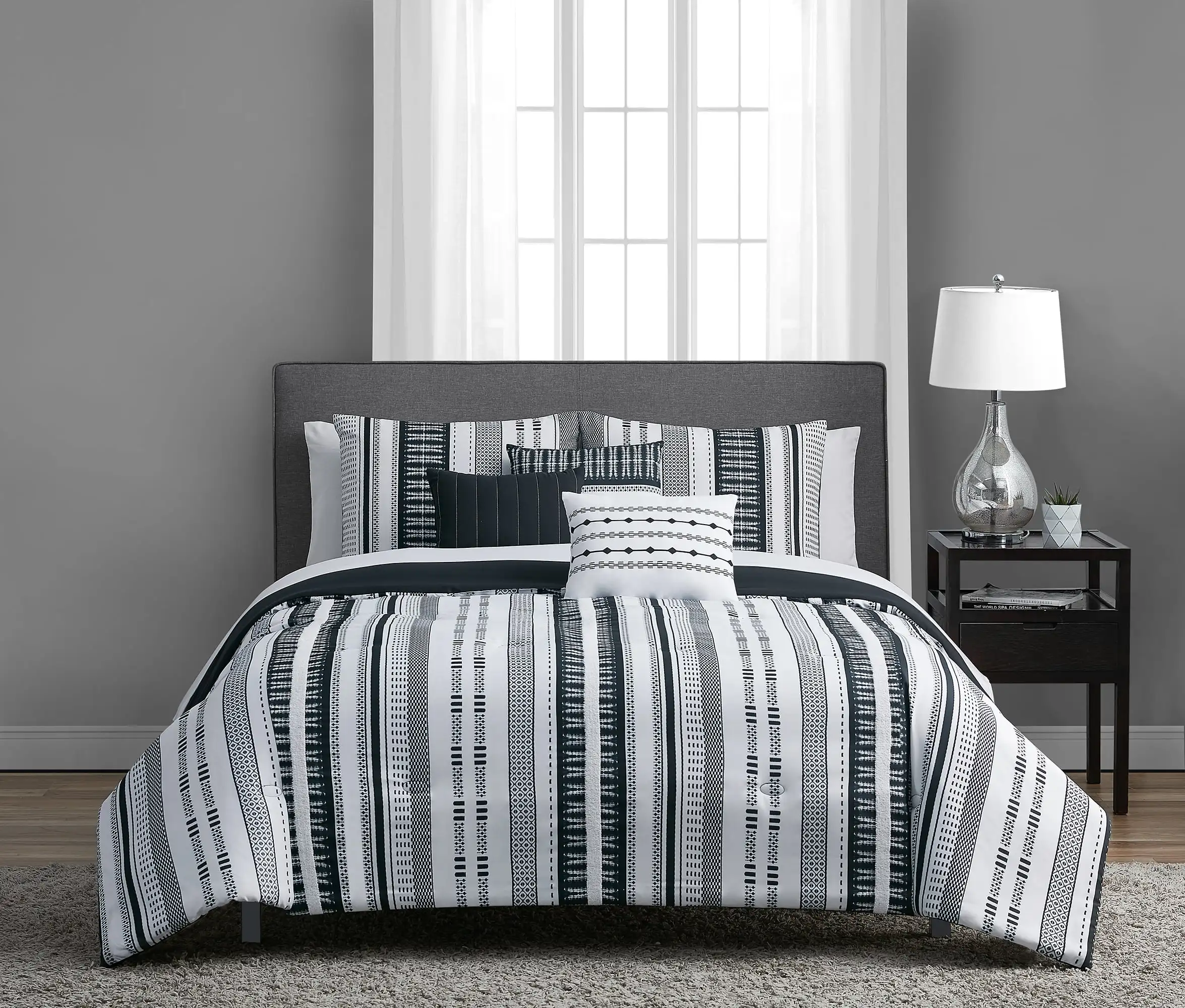 

Mainstays Black and White Stripe 10 Piece Bed in a Bag with Sheets and 3 DecPillows, King