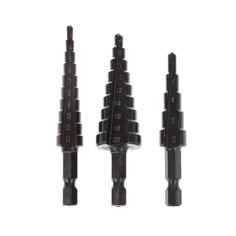 

1/3pcs Hexagonal Handle Step Drill Straight Groove Titanium-Plated Drill Bit 3-12 4-12 4-20mm Step Up Drill Bits