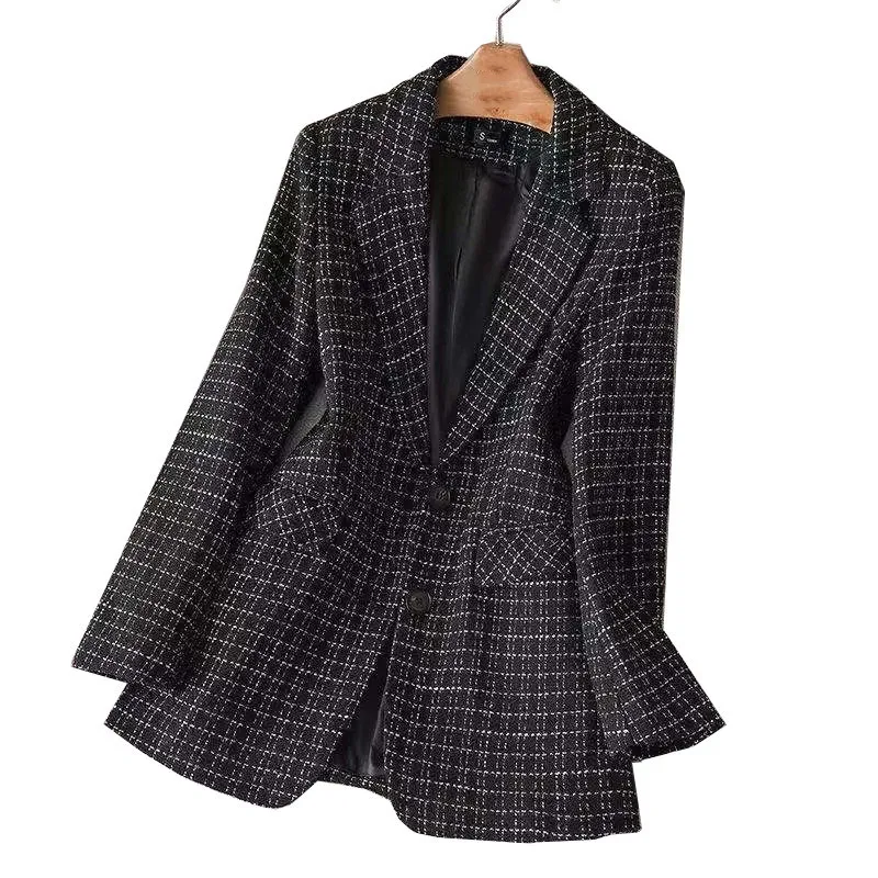 

Women Blazer Jacket 2022 New Autumn Fashion Single-breasted Plaid Suit Coats Long Sleeve Female Outerwear Chic Tops Lady Blazers