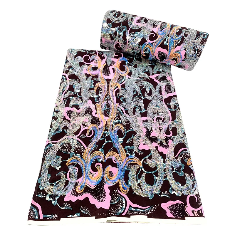 

Nigerian Cotton Textile Fabric Embroidery African real Wax Fabric with Sequin 6 Yards