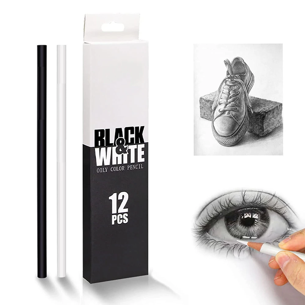 

Brutfuner 12Pc White & Black Colored Pencils Professional Oil Color Pencil Drawing Pencil Set Sketch School Student Art Supplies
