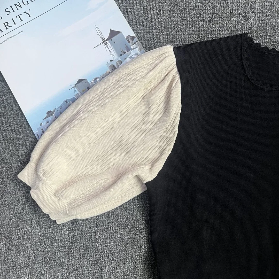 

Новинка 2022, Ранняя осень, кружевное Контрастное трикотажное платье с круглым вырезом и рукавами-фонариками