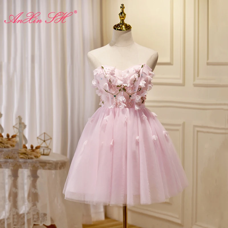 

AnXin SH princess pink lace strapless beading crystal rose flower leaf party bride short evening dress little white dress