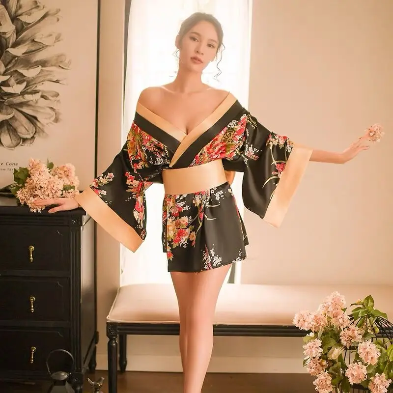 

Japanese Kimono Dress for Women Sexy Lingerie Pajamas Nightgown Printing Erotic Kimono Uniform Floral Print Yukata Costume