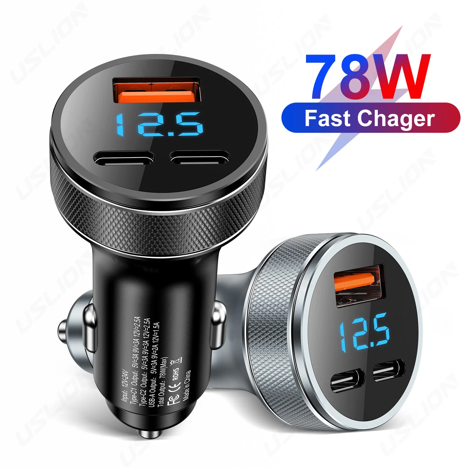 

3 Ports 78W Car Charger QC PD 3.0 Digital Display Fast Charging Plug for iPhone 15 14 Pro Max Xiaomi 13 Samsung S23 POCO Oneplus