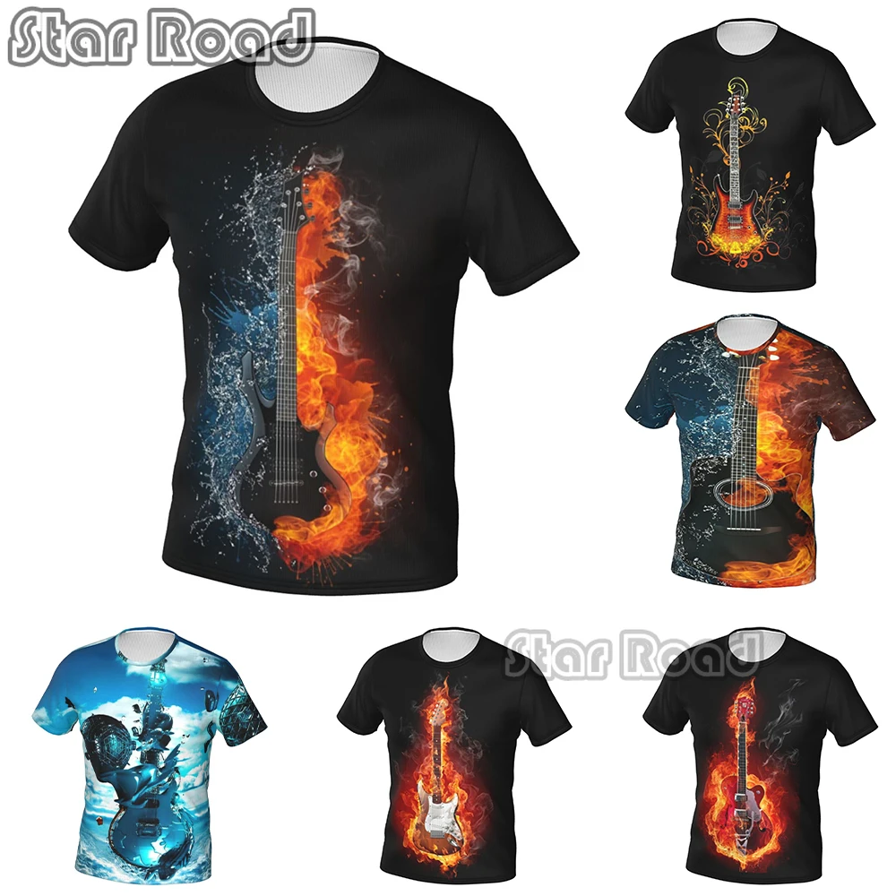 

Fashion Men's Guitar Pattern T-shirt Street Elements Personality Short Sleeve Top Hip Hops Trend Casual Print Crew Neck Clothing