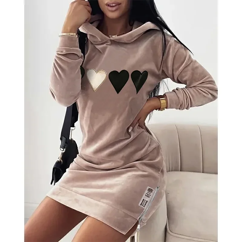 

2023NEW Street Style Print Zipper Front Velvet Hooded Sweatshirt Mini Dress Casual Long Sleeve Hoodies Dresses Sportswear Winter