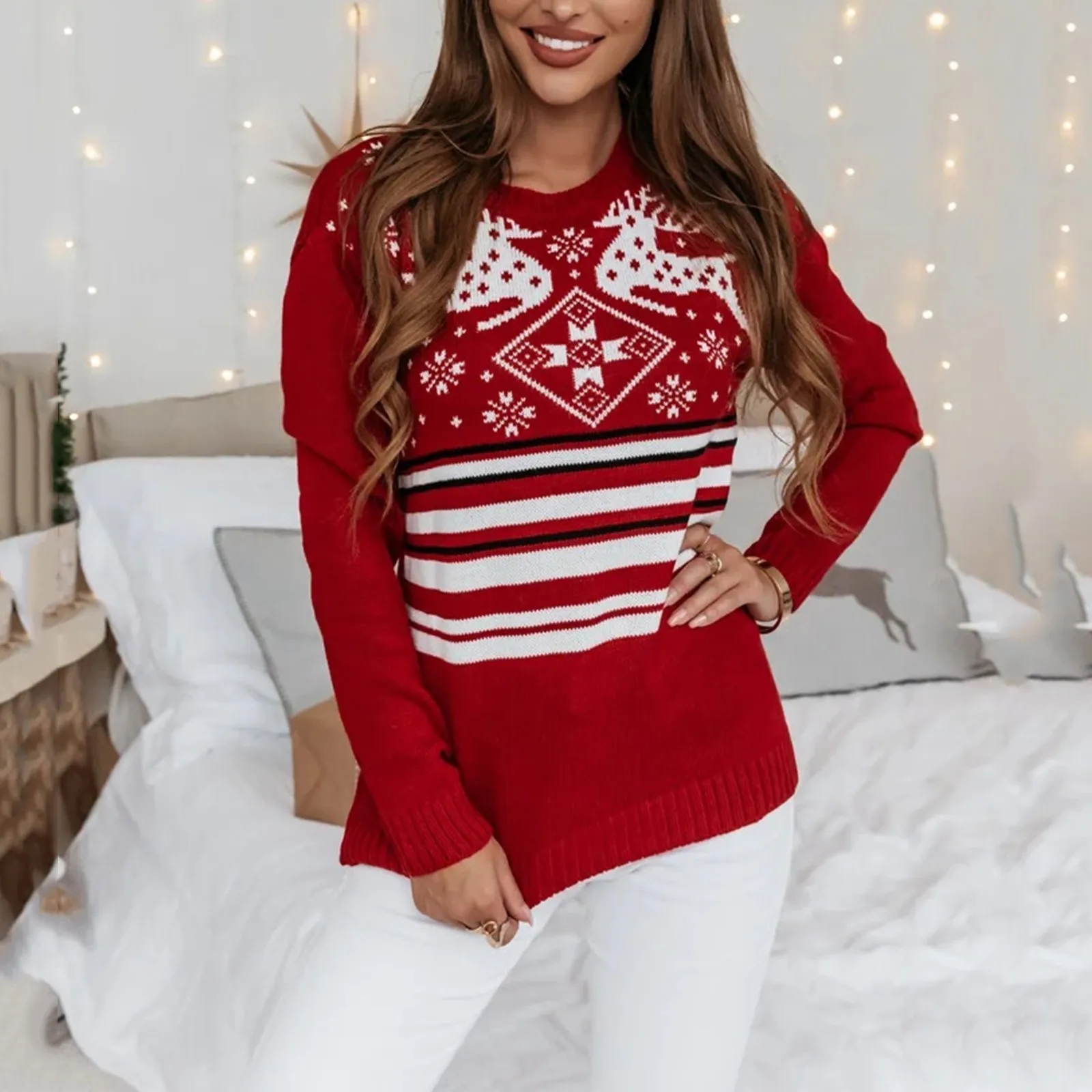 Christmas Sweater for Woman Casual Red Color Long Sleeve O Neck Elk Print Jumper Knitwear Winter Xmas Pullover Top Christmas