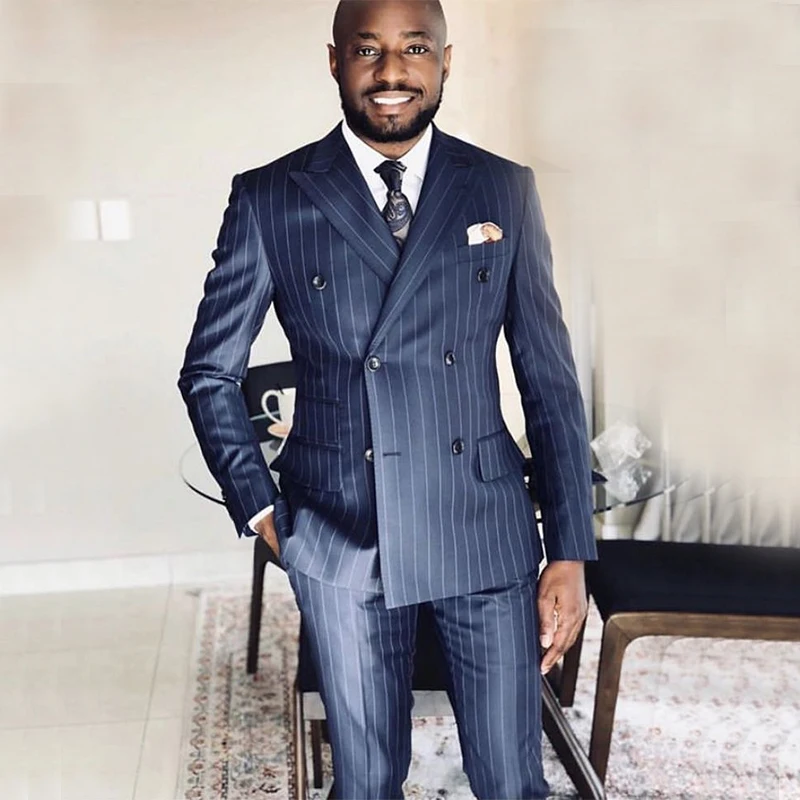 

YiMinpwp темно-синие мужские костюмы в полоску с заостренным лацканом двубортный официальный брикет мужские смокинги Свадебный костюм для жен...