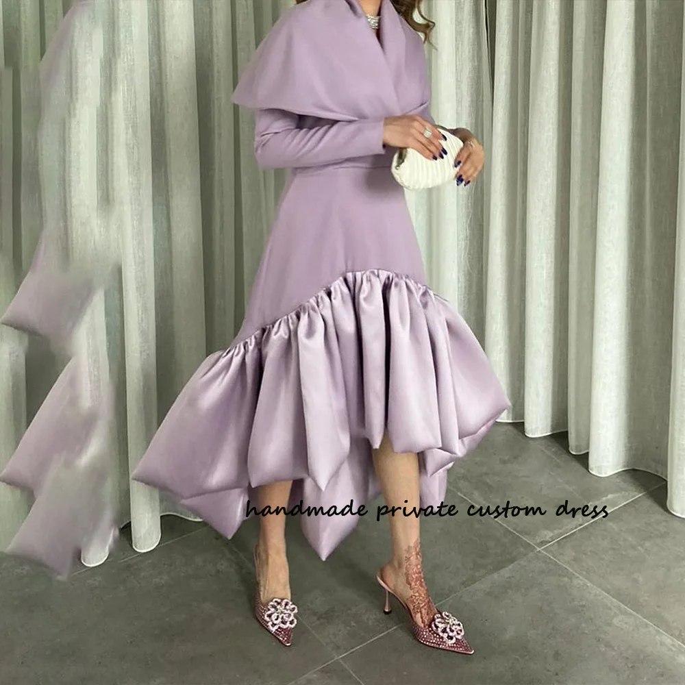

Lavender A Line Saudi Arabic Evening Party Dresses Long Sleeve Draped Satin Dubai Party Prom Dress Celebrate Event Gowns
