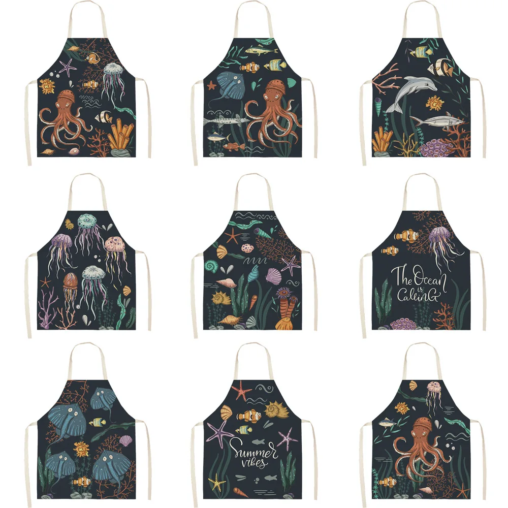 

Marine Organism Apron Dolphin Jellyfish Aprons for Women Apron Kitchen Octopus Conch Cafe Apron for Men Kitchen Apron
