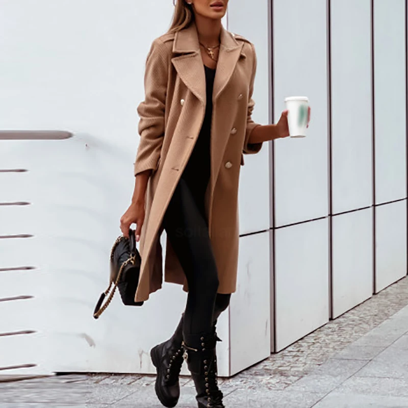 

2022 Office Elegant Solid Color Lapel Profile Long Wool Coat Fashion Women's Coat Cardigan Winter Casual Ladies Warm Coat Jacket