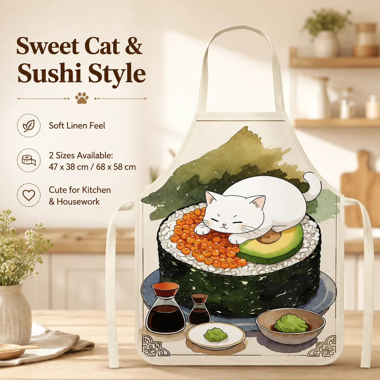 Фото Фартук без рукавов из льняной ткани с акварельным рисунком Kawaii Neko Sushi Roll для женщин, любящих животных, для домашней работы, выпечки, уборки, защиты от грязи, подарок №3