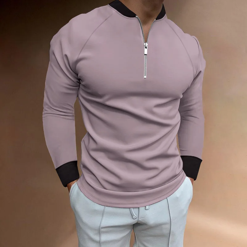 Spring and Autumn New Men's Polo Shirt Solid Color Crew Neck Slim Fitness Clothes Leisure Sports Men's long-sleeved top