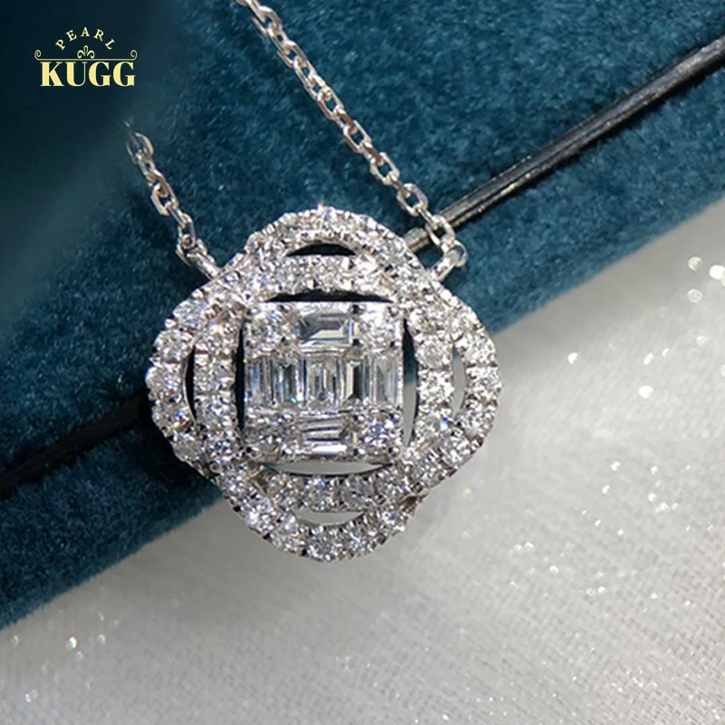 

KUGG 18K White Gold Necklace Real Natural Diamond0.40carat Chain Delicate Square Shape Fine for Women High Wedding Party