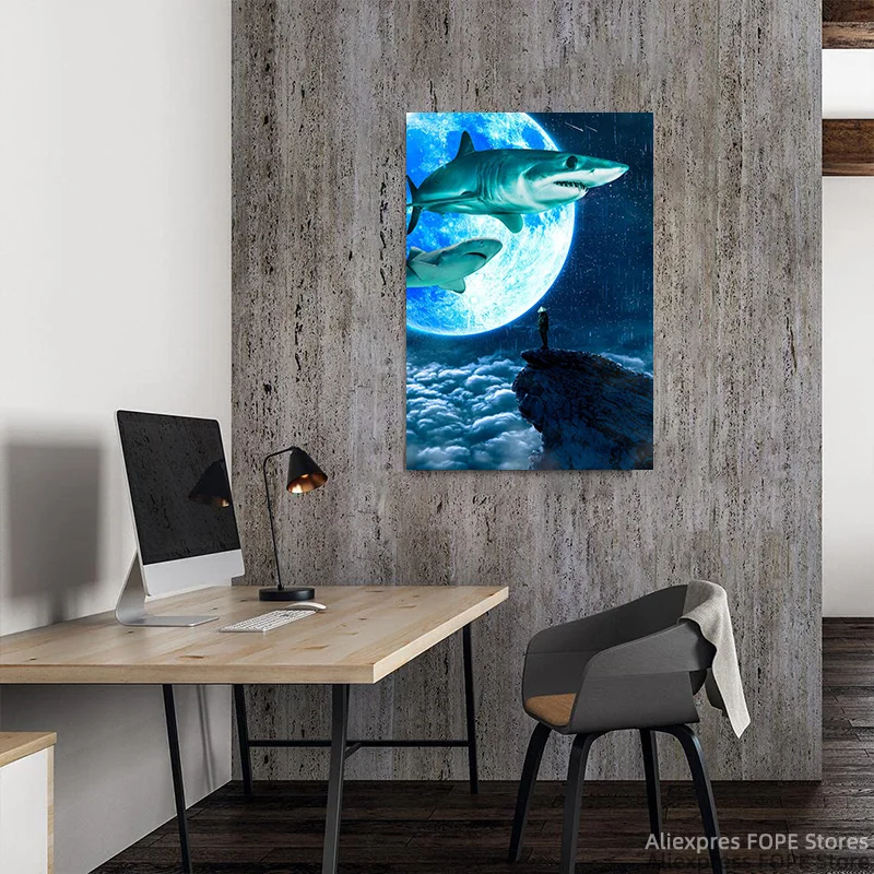 Акула плакат с Луной холст картина стены фотообои для украшения дома
