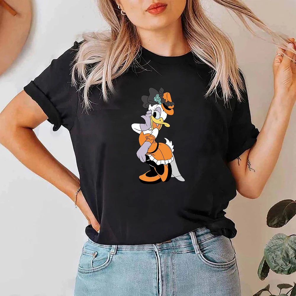 

Disney Funny Daisy Masquerade Print Halloween Female Clothes Craetive New Festival Popular T Shirt for Women O-neck Black Tops