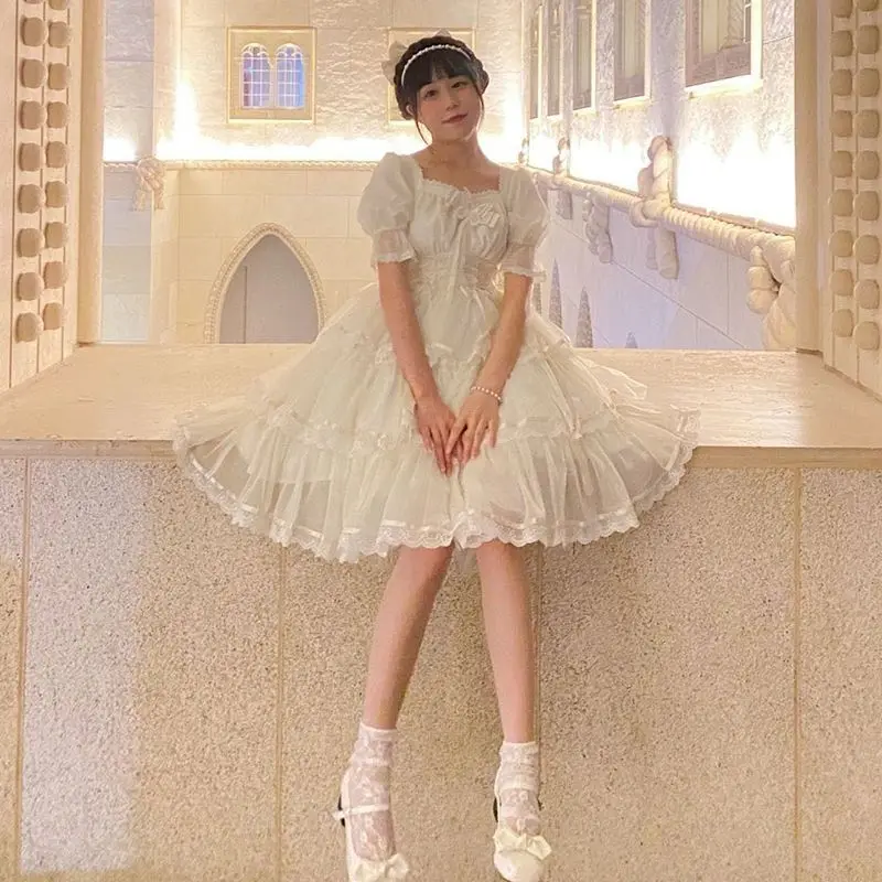 

2023 Summer Women's Dress Fashionable and Elegant Lolita Escaping Princess Square Neck Advanced Party Bubble Sleeve Gift Dress