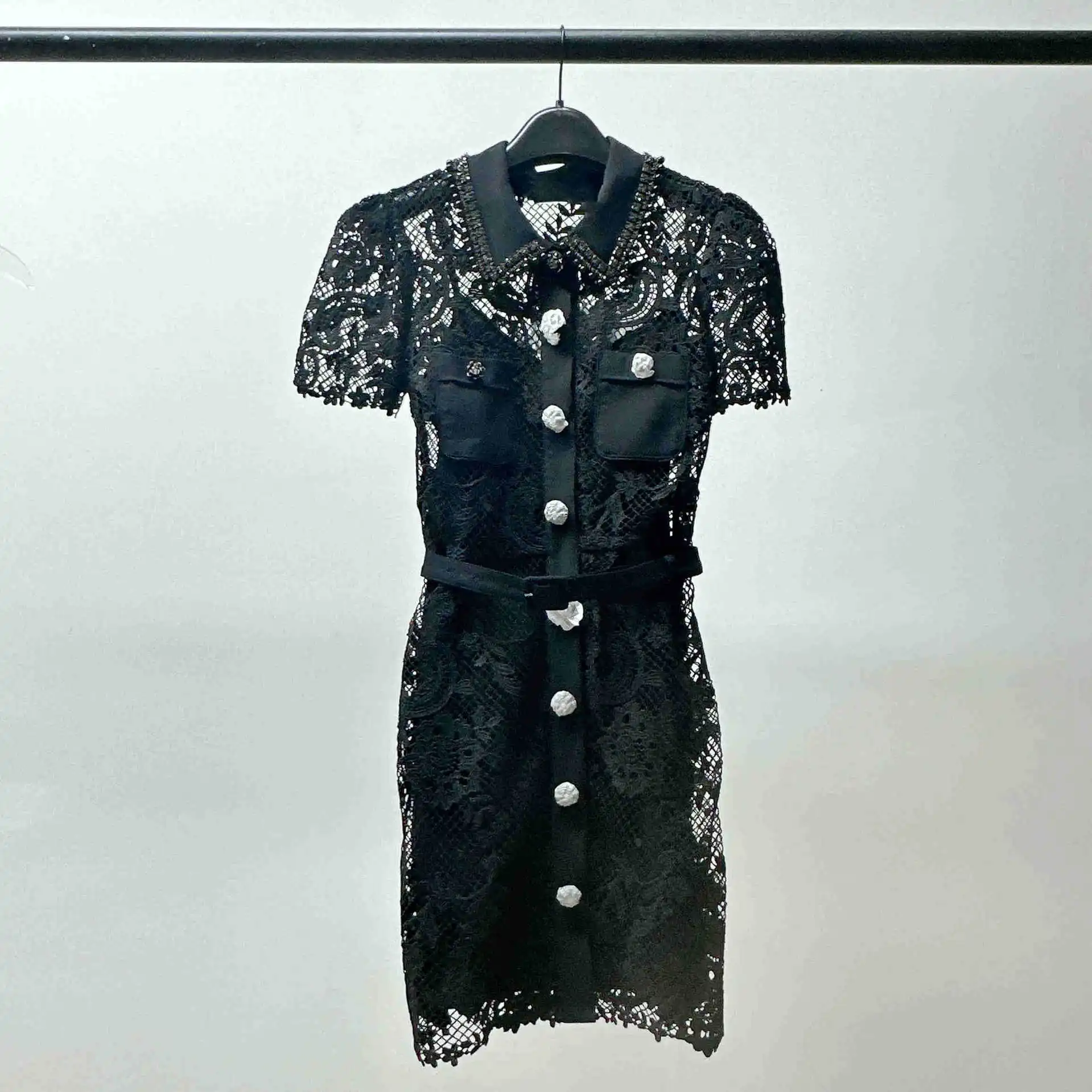 

Women Mini Dress Lace Crochet Beading Belt Vintage Short Sleeve Robe