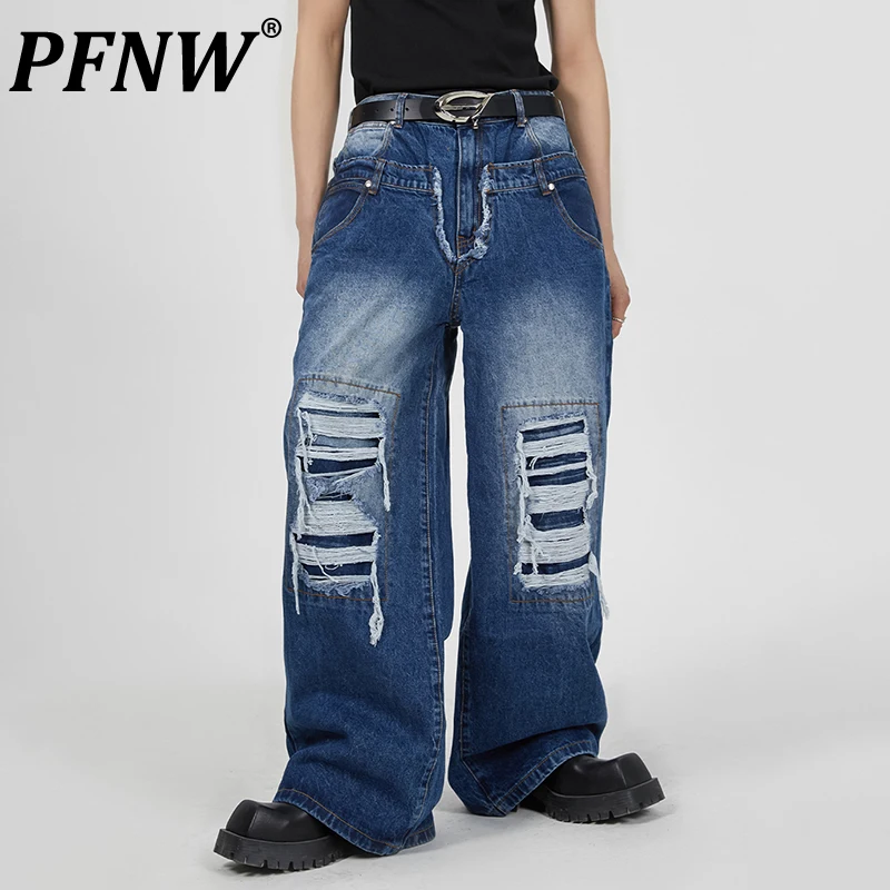 

PFNW Spring Summer Men's Patchwork Worn Out Design Jeans Fashion Straight Baggy Techwear Motorcycle Outdoor Denim Pants 12A9563