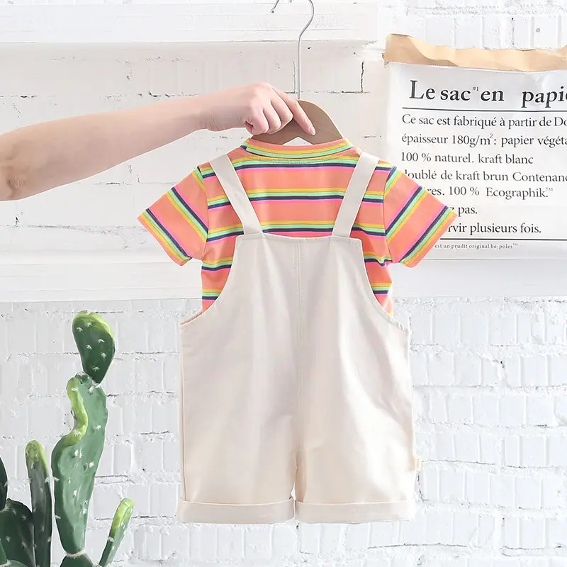 

Летняя Детская Хлопковая одежда, футболка с полосками для маленьких девочек, комбинезоны, 2 шт./компл., модные спортивные костюмы для маленьк...