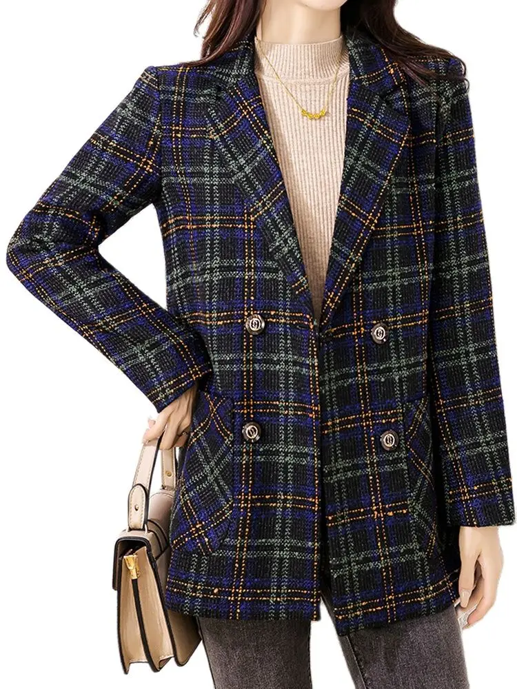 

Leisure Grid Suit Jacket Double -Breasted Western Clothes 2022 Autumn New Korean Fashion Women'S Clothing