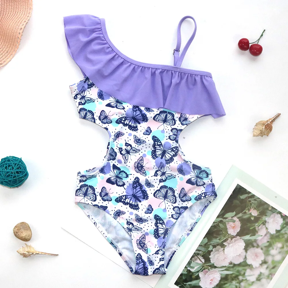 

4-14 Years Girls Butterfly Print One Piece Swimsuit Kids Ruffle Oblique Children's Swimwear Cut Out Side Bathing Suit Beachwear