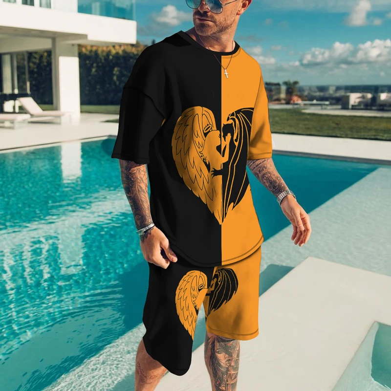 

New Summer Men's 2 Piece Sets Trend Fashion Man T Shirt Beach Shorts Suit 3D Print O-Neck Top Tracksuit Male Clothing Streetwear