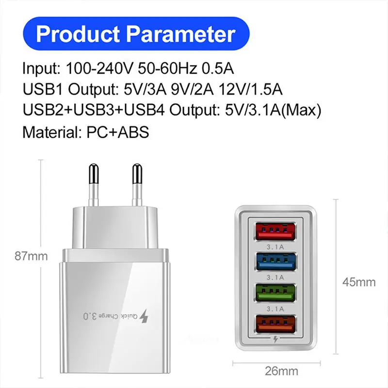 Сетевой адаптер с 4 USB-портами 3 1 А совместим iPhone/Android |
