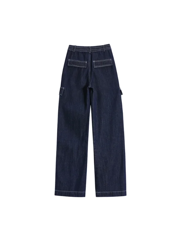 

Large Pocket Dark Blue Jeans Women's Spring Summer Topstitch Decoration Streetwear Loose Mopping Wide-leg Cargo Trousers Female