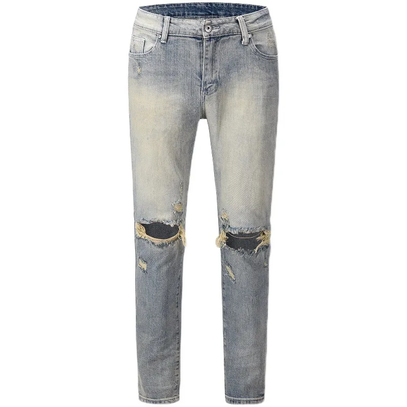 Mens Jeans Slim Fit Retro Light Blue Washed Streetwear Men Summer Fashion Denim Pants Full Length Ripped Jeans