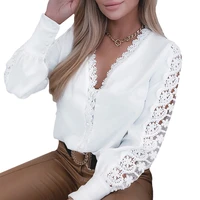 elegant fashion hollow out ruffles lace shirts womens clothing 2022 spring office ladie v neck lantern sleeve white blouses top