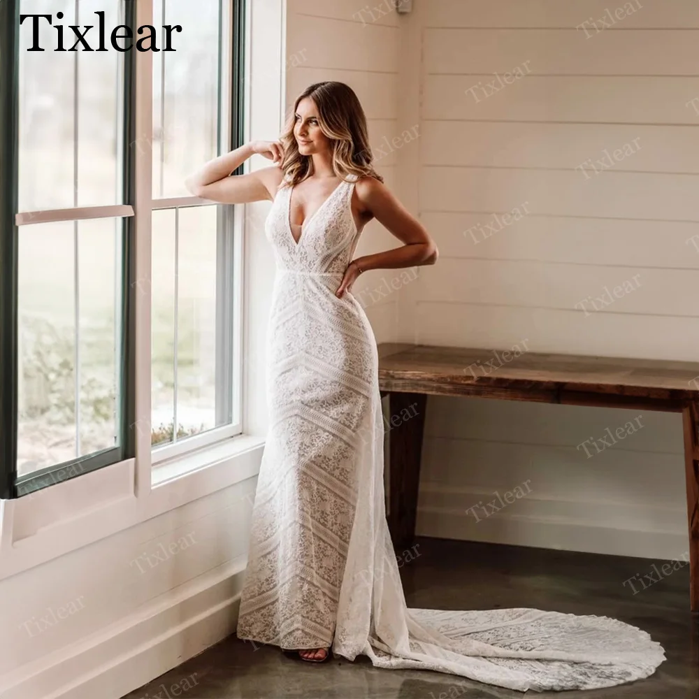 

Tixlear Elegant Wedding Dress A-line Sexy V-Neck Bridal Gowns Custom Made Appliques Court Train Sleeveless Vestidos De Novia