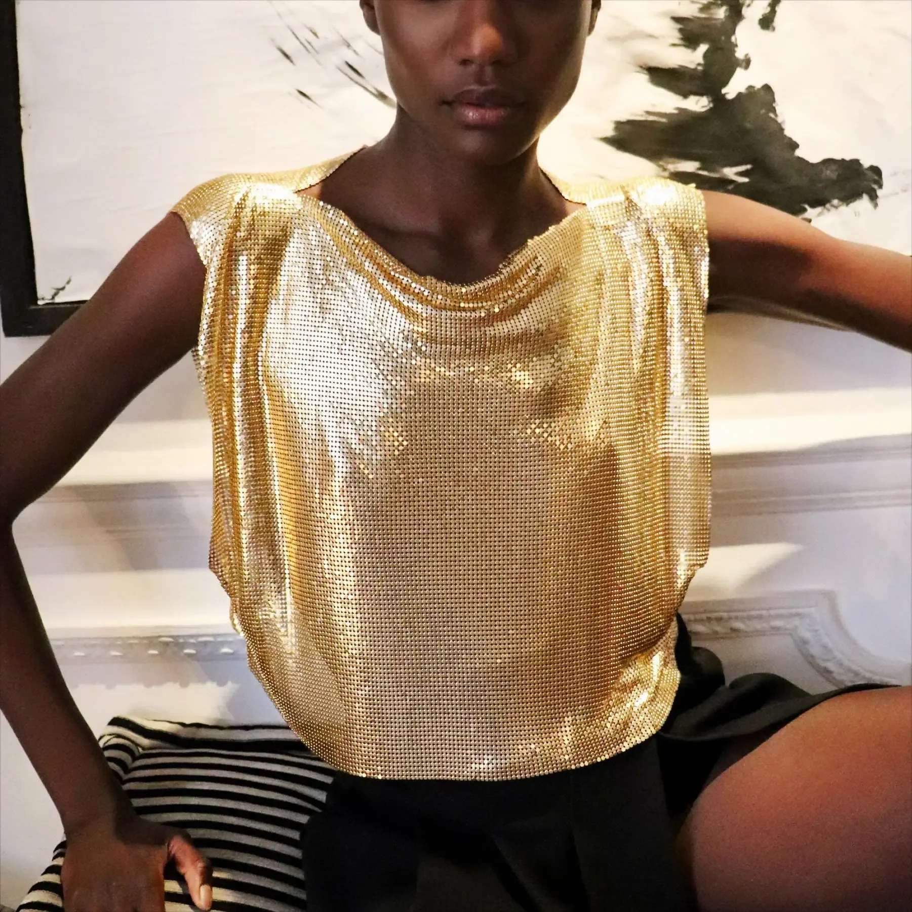 Женская модная блестящая металлическая футболка весна-лето 2023 жилет в стиле панк