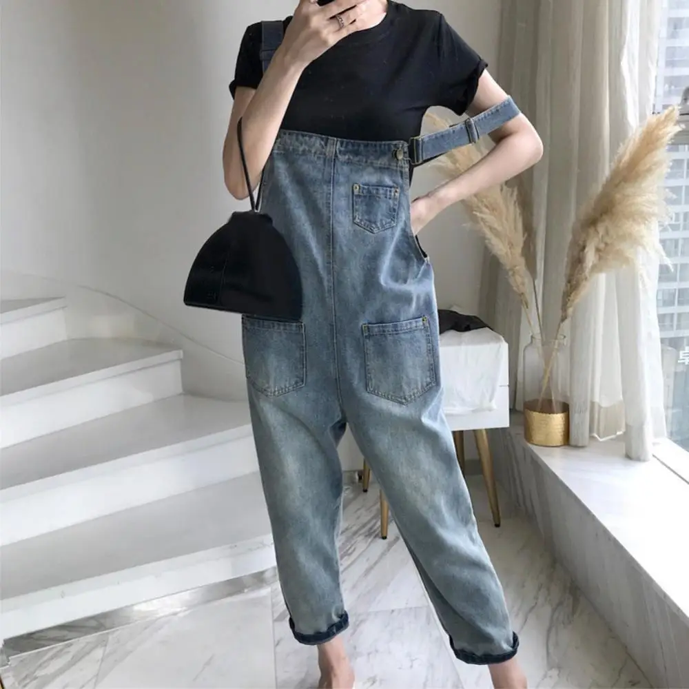 

Casual Pants Trousers Denim Women Loose Pockets Jumpsuits Summer Overalls Linen Suspender Overall Dungarees Ninth