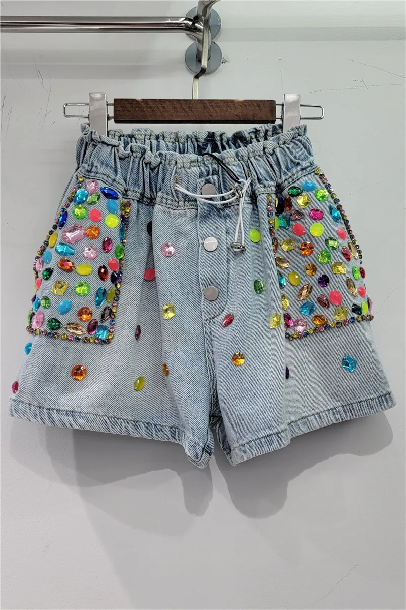High Waist Shorts for Lady Summer New Heavy Industry Wide-Leg Denim Shorts Color Diamond Beaded Slimming Women's Short Pants
