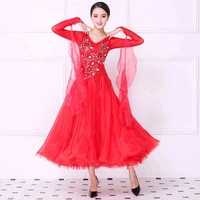 red ballroom competition dance dresses new arrival long sleeve stage dance costume womens standard ballroom dancing dress